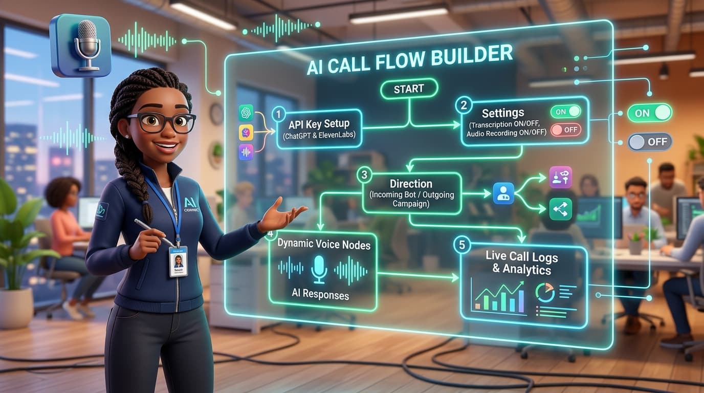 Visual AI Call Flow Builder Showing API Setup, Transcription and Recording Toggles, and Incoming Outgoing Routes
