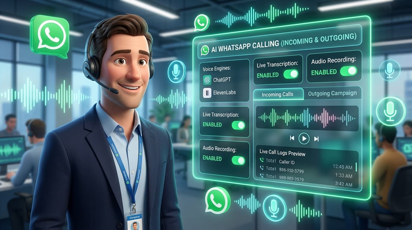 AI WhatsApp Calling Dashboard with Incoming and Outgoing Modes, ChatGPT and ElevenLabs Engines, and Transcription Toggles