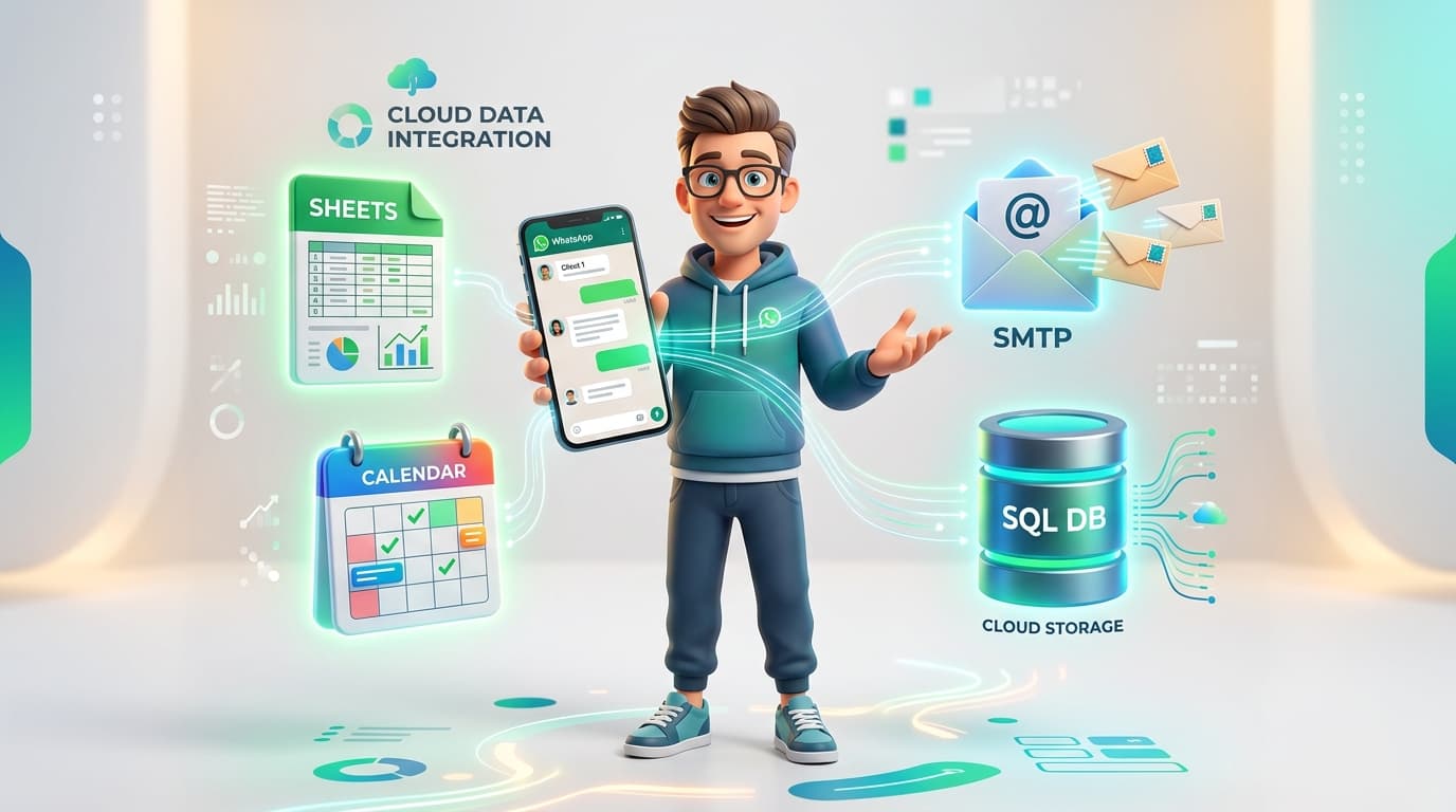 Google Sheets, Google Calendar, SMTP Email, and SQL Database Integrations with WhatsApp