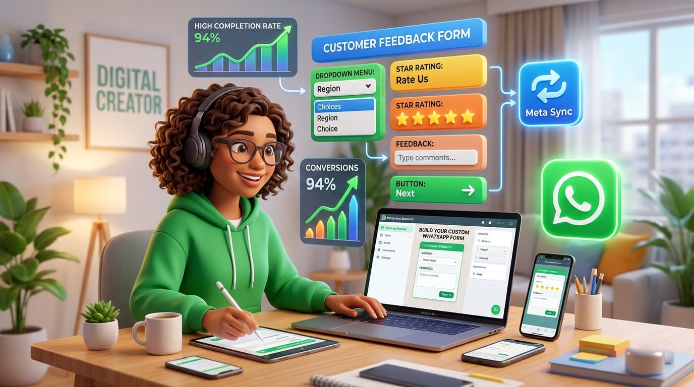 Visual WhatsApp Form Builder with Meta Sync, Dropdowns, Star Ratings, and Real-Time Conversion Metrics