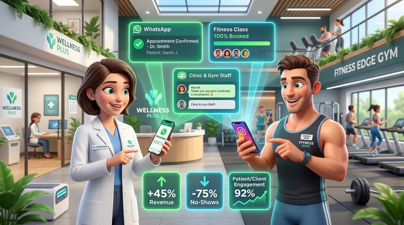 Clinics and Fitness Studio WhatsApp Automation Dashboard Showing 75% No-Show Reduction and Appointment Scheduling