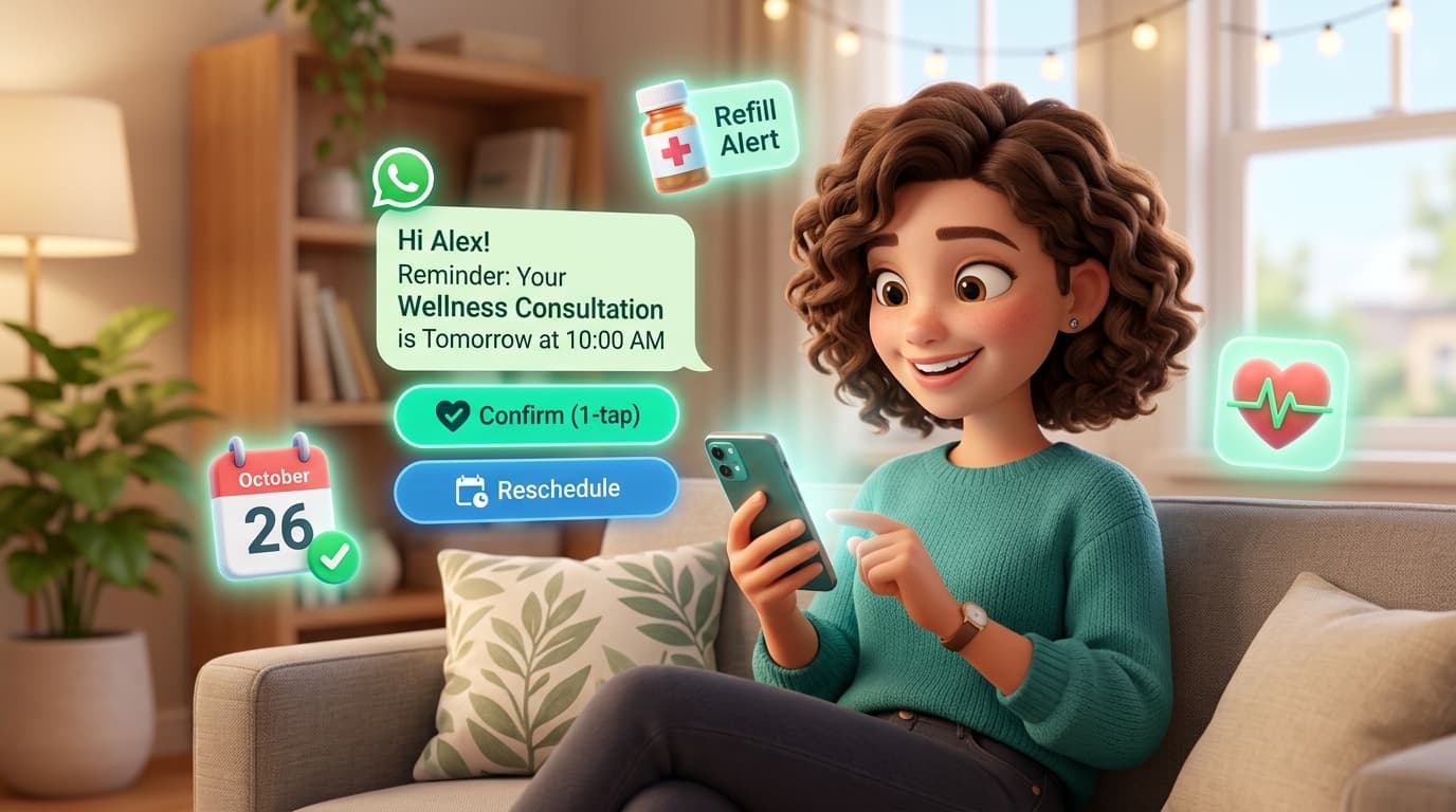 Patient Receiving Timely WhatsApp Appointment Reminder with 1-Tap Confirmation and Prescription Refill Alert