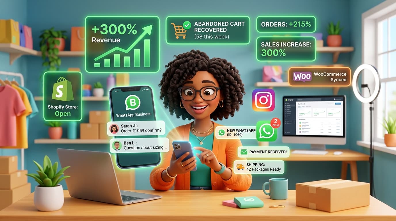 Shopify and WooCommerce WhatsApp E-Commerce Automation Dashboard with 3x Revenue Growth Metrics