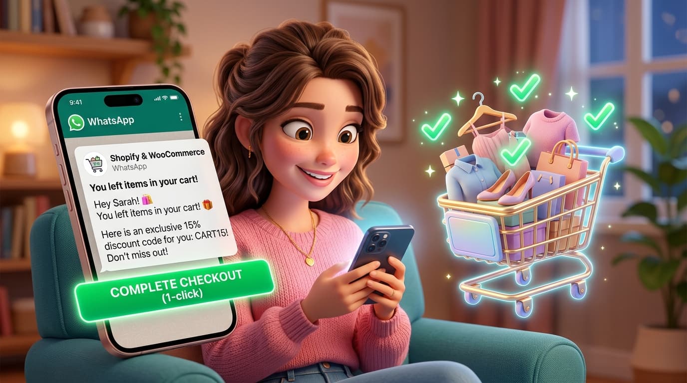 Shopper Receiving Timely WhatsApp Abandoned Cart Recovery Message with 1-Click Checkout on Shopify & WooCommerce