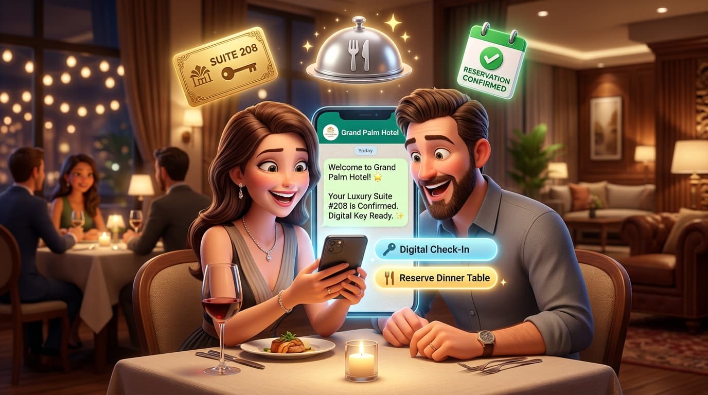 Hotel Guest and Restaurant Diner Receiving WhatsApp Room Confirmation and Digital Table Reservation with Upsell Offers
