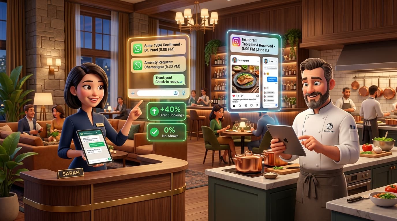 Hotels and Restaurants WhatsApp Automation Dashboard Showing Direct Bookings and Table Reservations