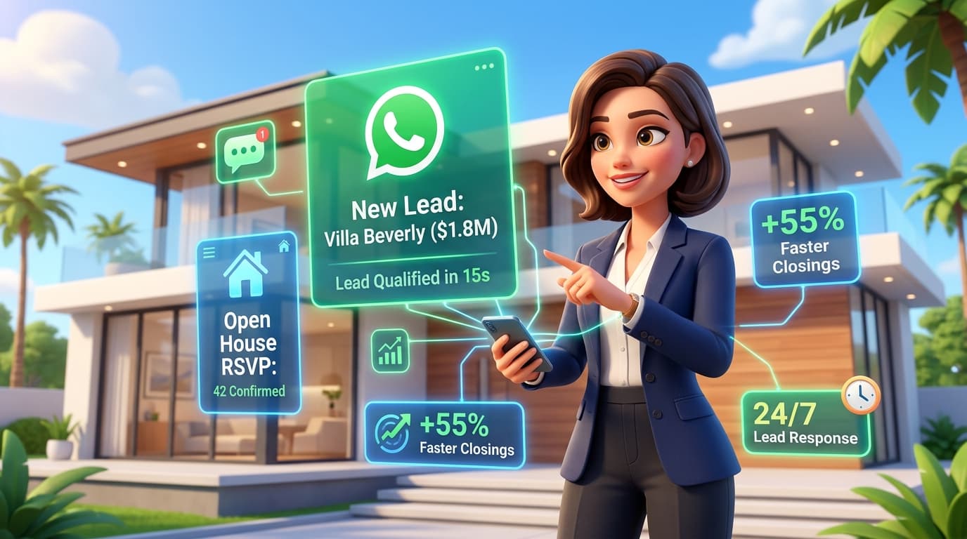 Real Estate WhatsApp Automation Dashboard Showing Sub-15s Lead Qualification and Open House RSVPs