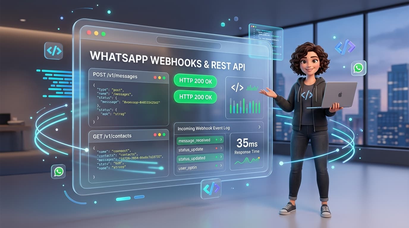 Universal WhatsApp API & Webhook Architecture Dashboard with Real-Time JSON Payloads, REST Endpoints, and Event Logs