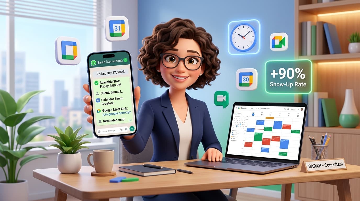 Google Calendar WhatsApp Integration Dashboard with Live Slot Booking, Automated Reminders, and Show-Up Rate Metrics