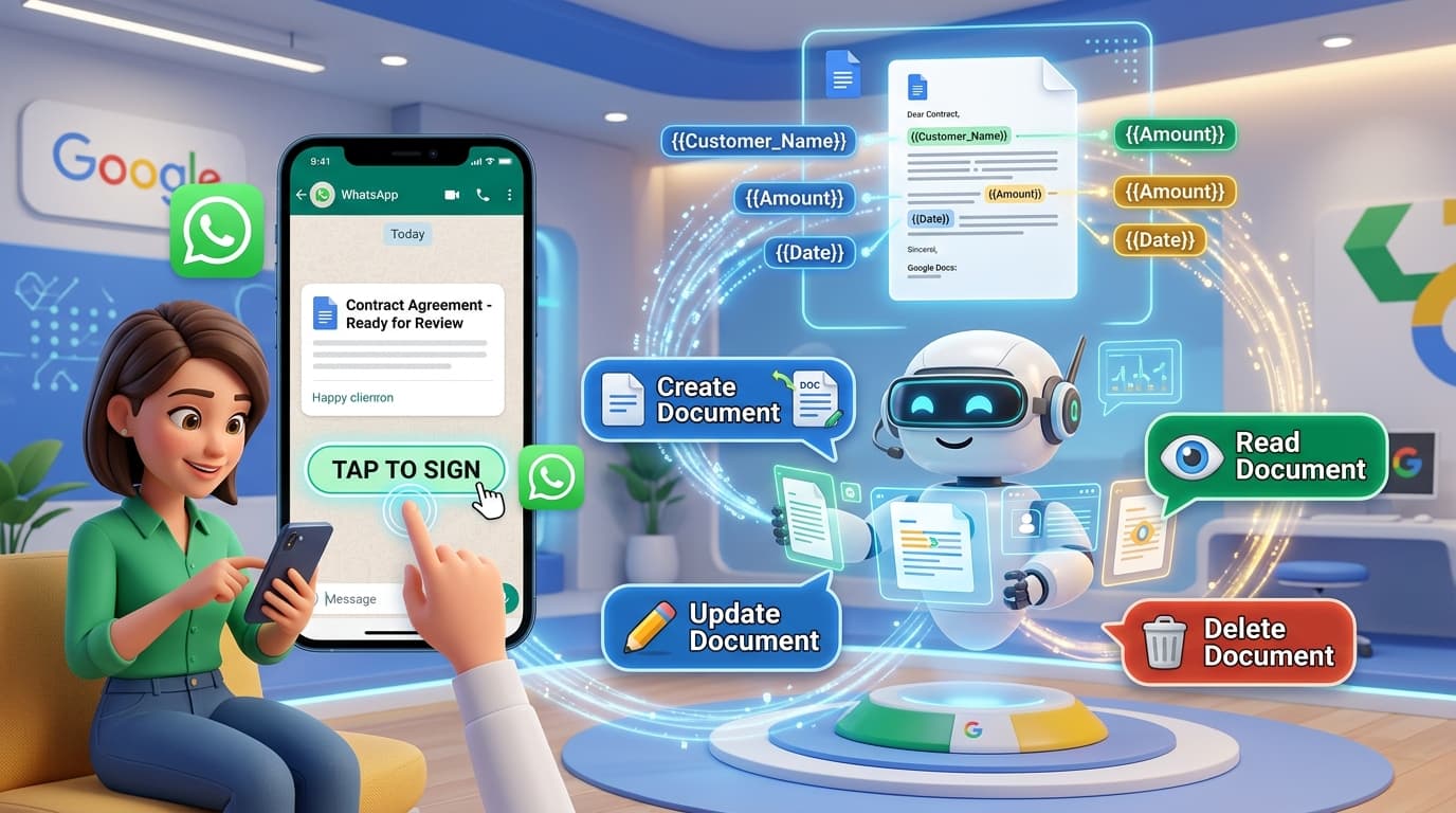 Automated Google Docs Create, Read, Update, and Delete Document Actions in WhatsApp