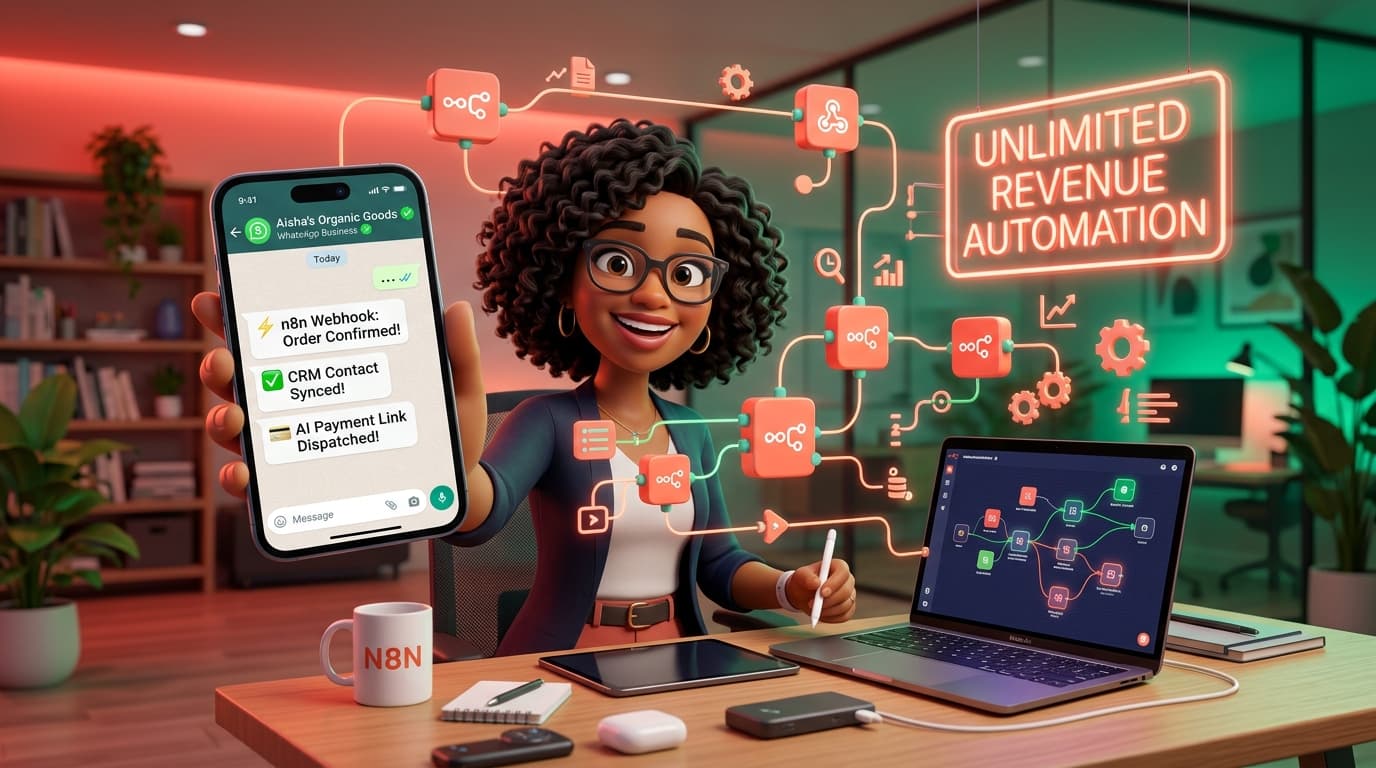 n8n WhatsApp Automation Canvas with Real-Time Webhook Triggers, AI Agent Nodes, and Revenue Analytics